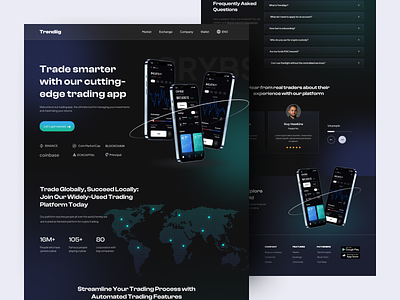 Trading App Landing Page blockchain crypto crypto exchange crypto wallet cryptocurrency cryptocurrencywebsite defi design etheureum exchange finance invest landing page modern swap trade trading web app web design website
