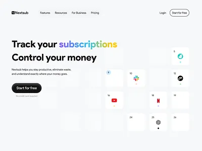 Nextsub – Subscription Management Web App (onboarding screens) ai app finance investment landing page management money nextsub product productive spend subscription webapp