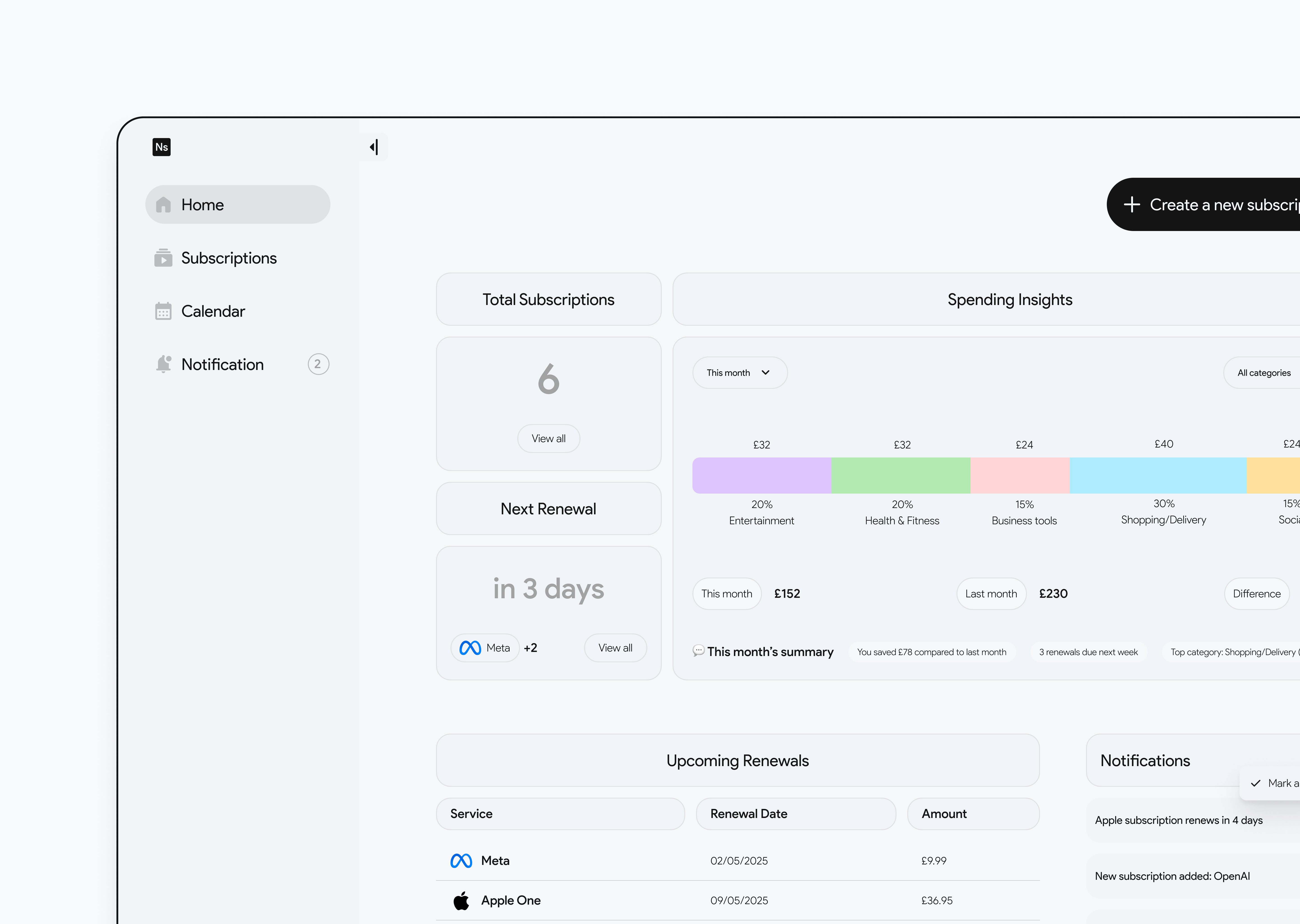 Nextsub – Subscription Management Web App app dashboard figma finance fintech management money nextsub product design productivity research savings spending subscription track tracking ui ux visualize web app