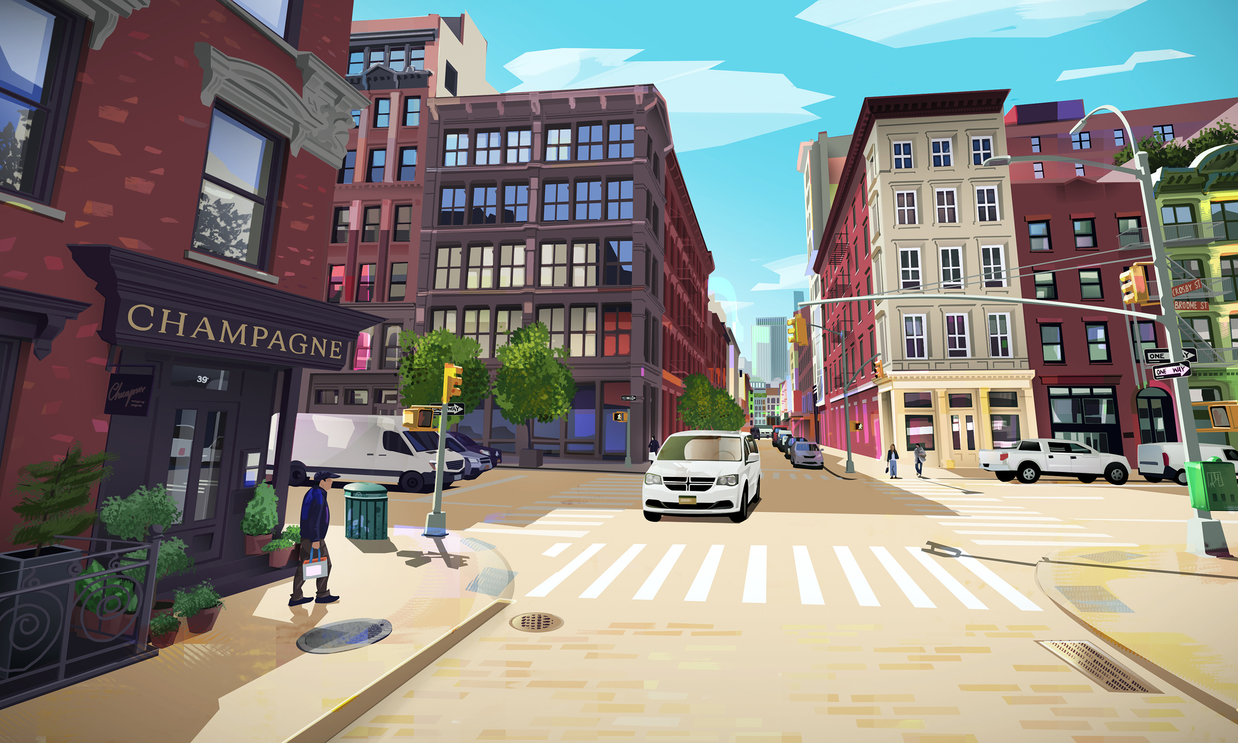 Champagne on Crosby St city colourful digitalart illustration new york nyc print street sunny vector