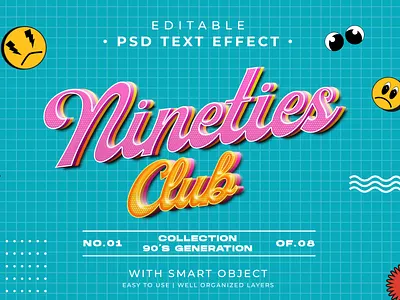 Editable 90's Nineties Club Text Effect Psd vintage
