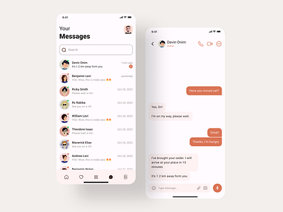 Food Delivery Mobile App (Messenger) app application call chat chat app clean concept design food messages messanger minimal mobile ui restaurant app social ui ux