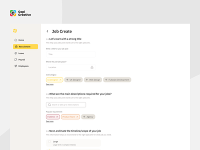 Humaneo - Job Create Page Web App Design Concept app app design capi creative design employee graphic design hiring job create management ui ui design ux ui web web app design website