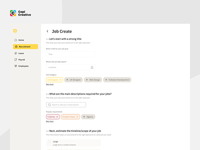 Humaneo - Job Create Page Web App Design Concept app app design capi creative design employee graphic design hiring job create management ui ui design ux ui web web app design website