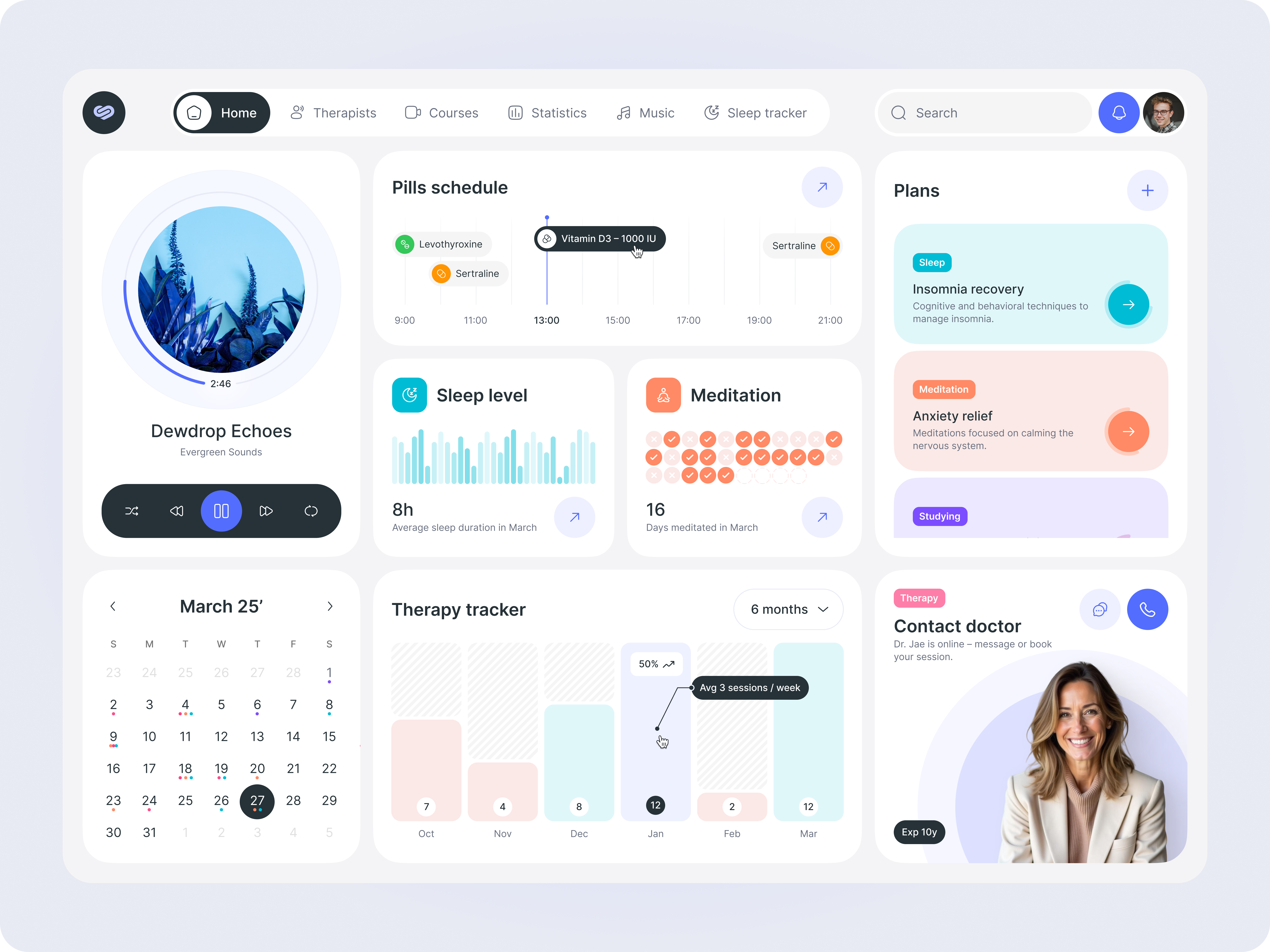 Mental health app dashboard app ui calmdesign doctor gotoinc healthcare app healthtech medicine medicine schedule meditations mental health minimalistic design mood pills relaxing music sleep tracker teens therapy ux wellness app