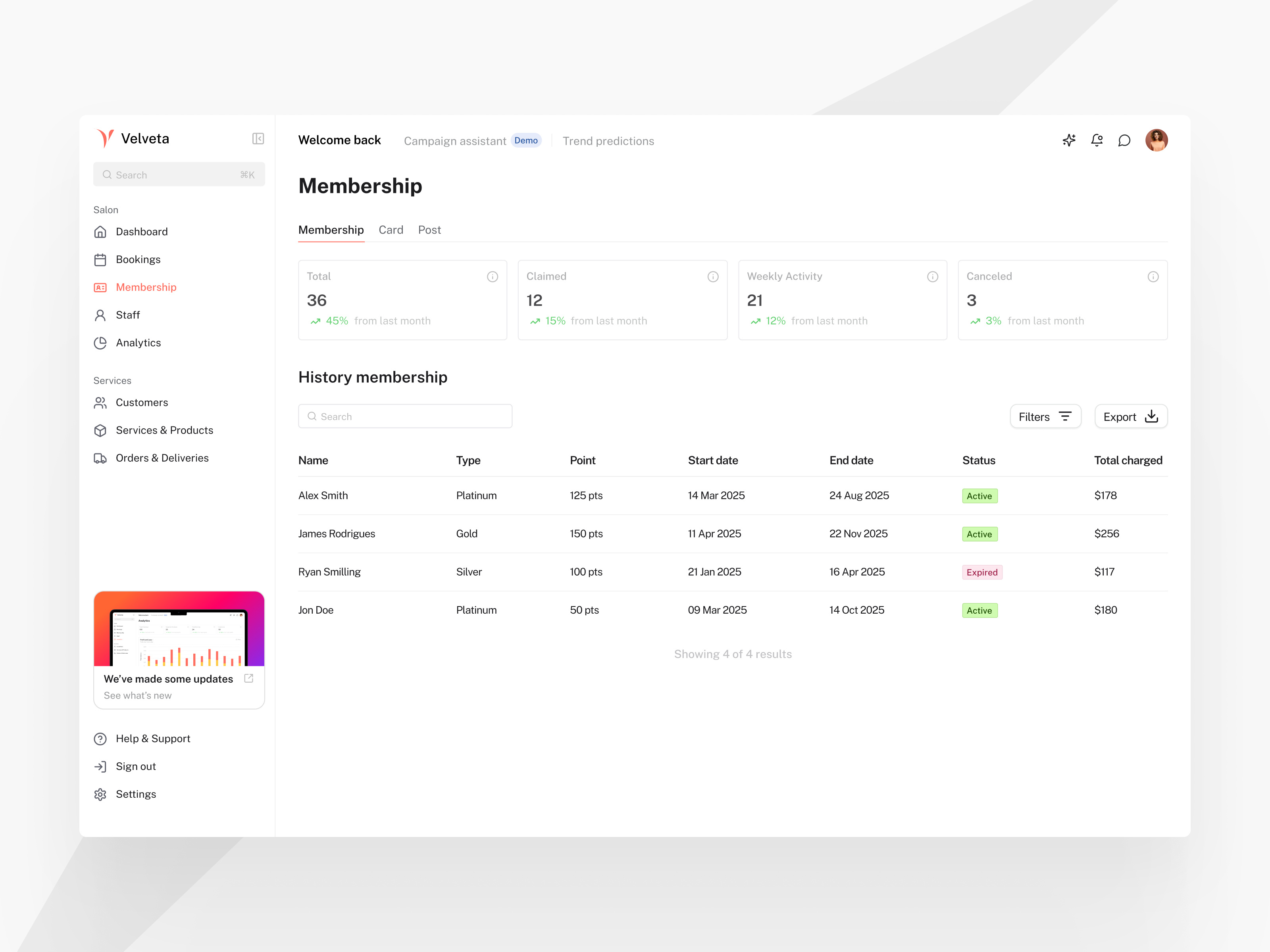 Velveta - Membership admin app beauty branding dashboard dekstop design. management membership product design saas salon table ui ux website