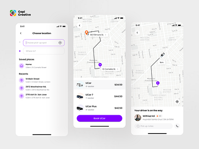 Ucar - Drive & Deliver App Project app app design booking app branding capi car case study choose location creative deliver app design drive driver map map design screen ui ui design ui kit ux ui