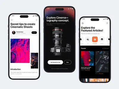 Cinematography App design app art direction article blogs cinema cinematic dark mode figma ios app learn minimal mobile movie photography photos photoshoot school ui user interface ux