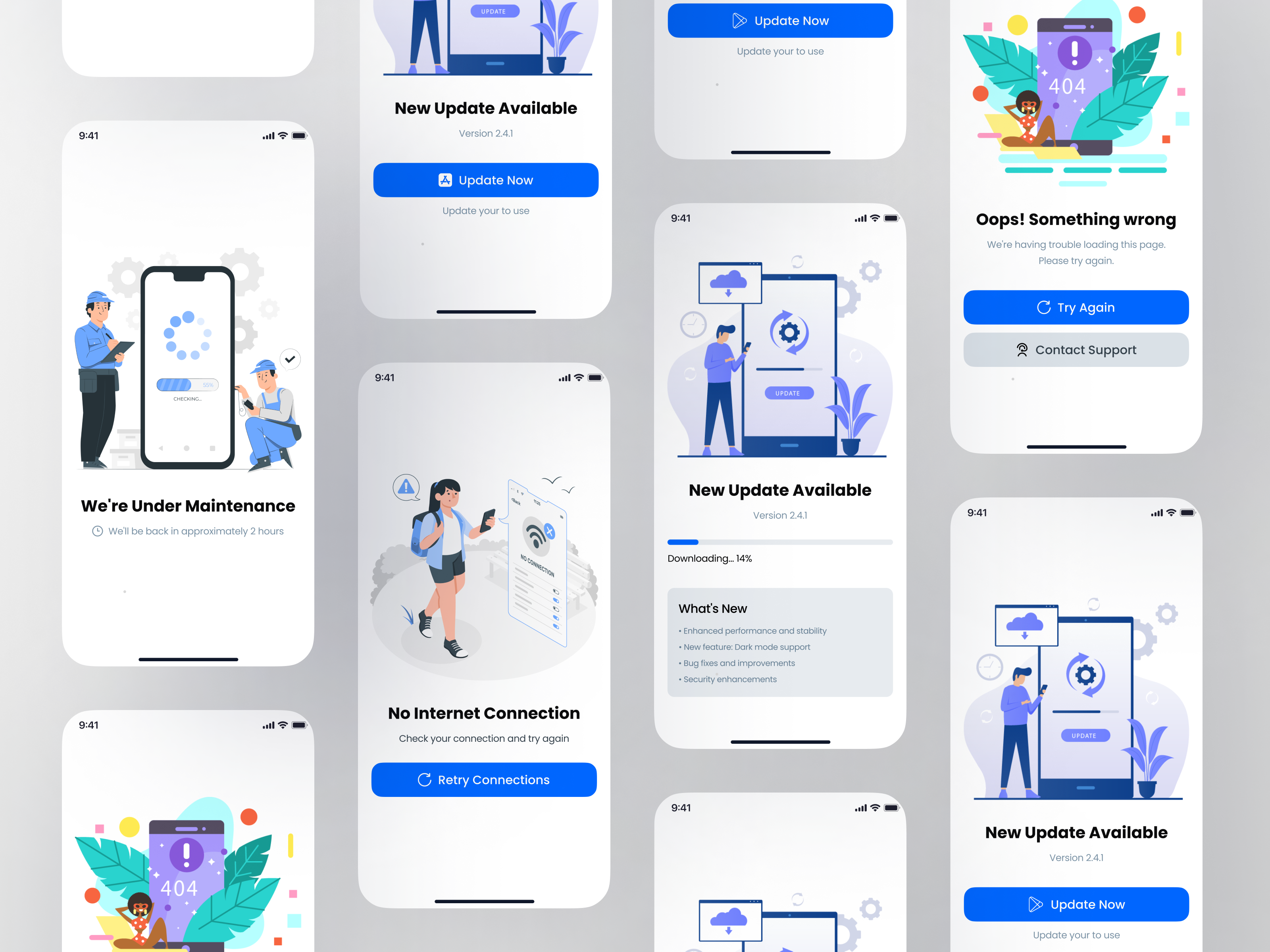 Finance App error & Update Screen app branding design error screen graphic design illustration logo minimal no internet screeen ui uiux update update app screen update screen ux vector