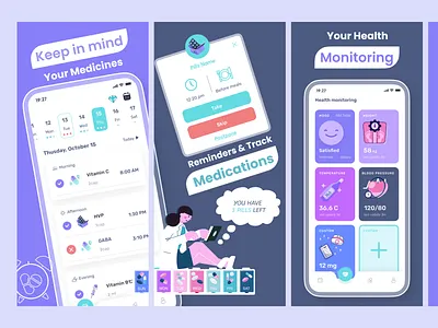 App Store Screenshots - UI/UX Mobile App Pills Alert App app store figma healthcare healthtech illustration iosapp medicationapp mobile app design mobile ui monitoring mood pills productivity screenshots tracker ui uiuxdesign