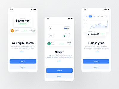Crypto Wallet App - Onboarding asstes bitcoin blockchain blue charts clean crypto cryptocurrency design minimal mobile app mobile app design mobile ui modern onboarding ui swap ui ui design wallet web3