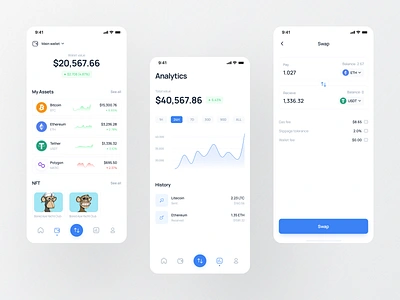 Crypto Wallet App - UI Screens analytics app design blockchain blue clean components crypto crypto app cryptocurrency design minimal mobile app mobile app design mobile design modern swap ui ui design wallet web3