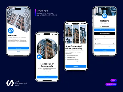 Flat Fleet: Personalized Onboarding – Welcome Screen building management cleanui figma design management mobile app mobilelogin onboarding uiux userfriendly