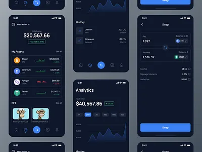 Crypto Wallet App - Dark UI Screens app design bitcoin blockchain blue clean crypt crypto crypto currency cryptocurrency dark dark mode design ethereum minimal mobile ui swap ui ux wallet web3