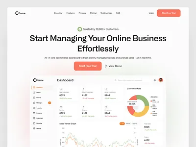 Cosme - Ecommerce Dashboard Landing Page analytics b2b b2c clean design dashboard ecommerce landing page online shopm order product sass seller shop statistics store ui uiux web design xenity xenity studio