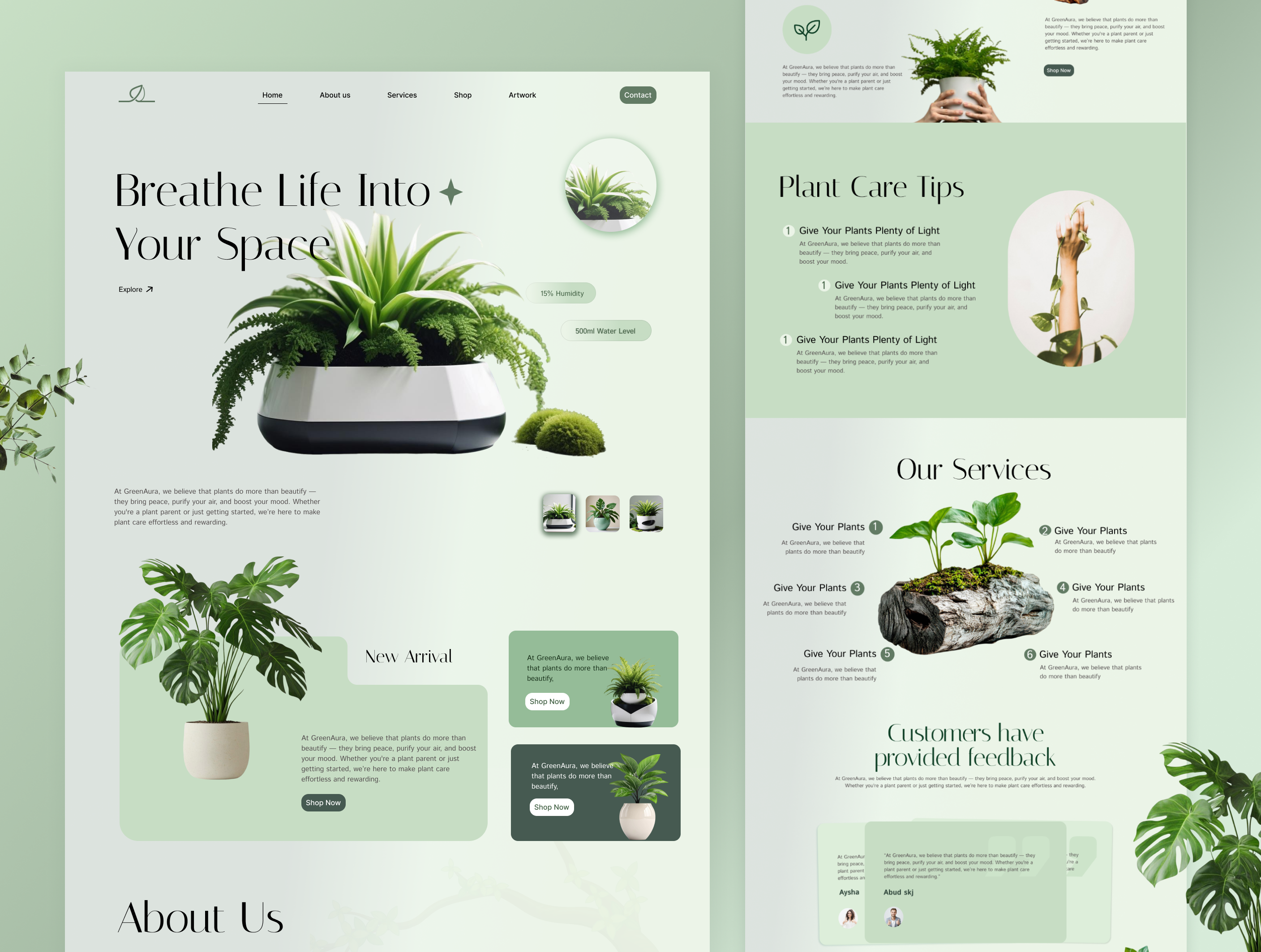 GreenAura – Plant Care Website UI 🌿 designweb development modern ui ux