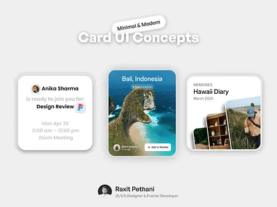 Minimal & Modern Card UI Concepts 2.0 bento bentocard bentodesign cardui cleanui dribble latest minimal mobileapp morden saas card travel trending uiux webdesign