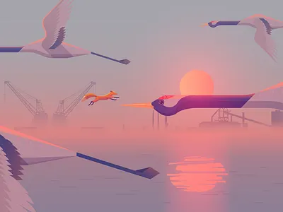 The Flight of the Titans animals beautiful color colour cranes cute daydream design dreamy endless runner factories fox game gaming illustration japan landscape lighting nature sunset
