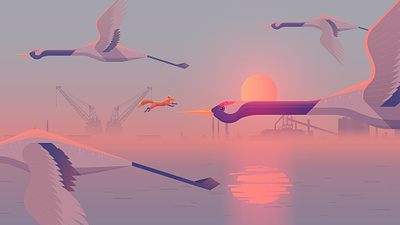 The Flight of the Titans animals beautiful color colour cranes cute daydream design dreamy endless runner factories fox game gaming illustration japan landscape lighting nature sunset