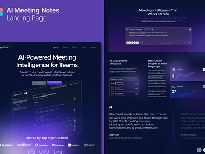 AI Meeting Notes Landing Page Template ai b2b crypto dark dark mode dashboard figma futuristic gradient landing page light meeting notes purple saas shinny template ui web3 website