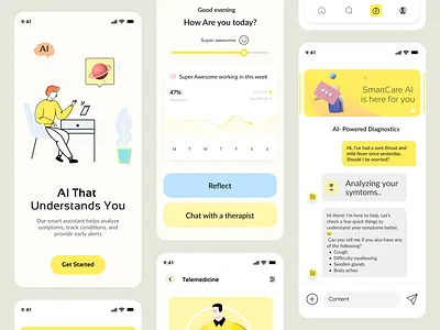 SmartCare – AI Powered Health Companion ai diagonostics app design chattboot ux clean ui design digital health emotional health health app idealrahi medical app design medical dashboard mental wellness mobile health mood tracker patient assistant remote care smart health assistant symtom checker telemedicine ux for health wellness dashboard
