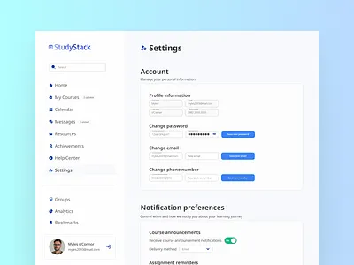 Settings | UI Challenge #7 dailyui e learning e learning platform elearning elearning platform saas settings settings page ui uxui