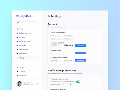 Settings | UI Challenge #7 dailyui e learning e learning platform elearning elearning platform saas settings settings page ui uxui
