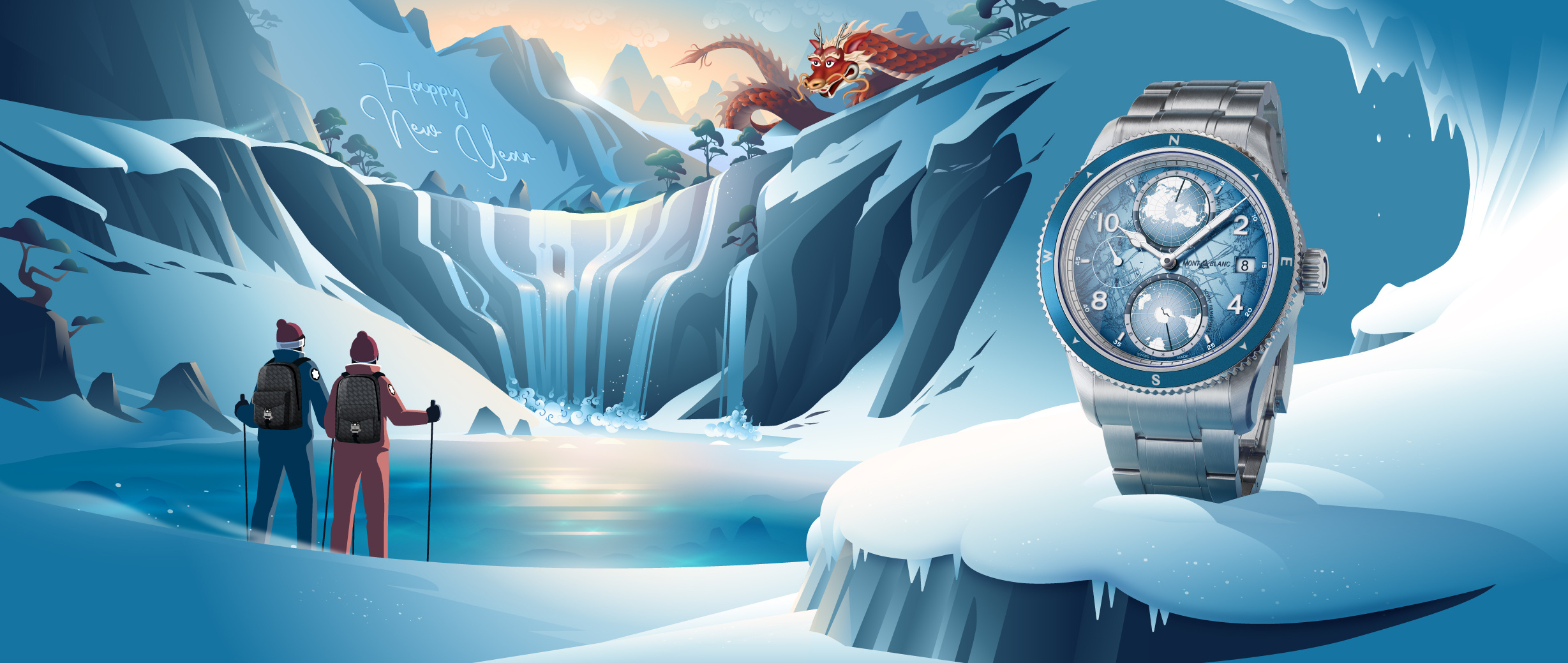 Montblanc 🐲⌚ chinese dragon happy hiking illustration landscape luxury montblanc mountain mountains nature new year vector watch winter