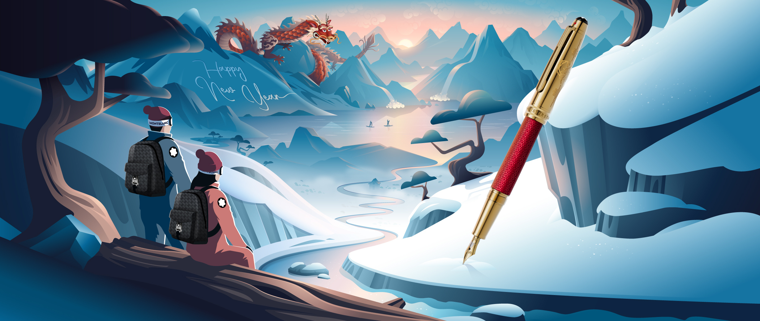 Montblanc 🐲 chinese dragon illustration illustrator lake landscape luxury mountain nature pen sunrise vector winter