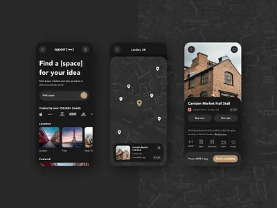 Find a [space] airbnb app black book booking dark holiday london map neumorphism rent shop skeuomorphism ui ux