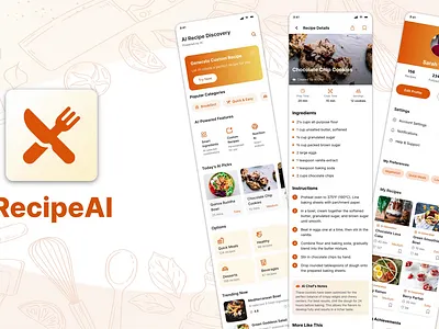 AI Generated Recipes App UI with Clean Design: Cook with AI aifoodapp aifoodrecipes aifoodrecipesappdesign aigeneratedrecipesappui airecipes appdesign foodrecipeai recipeai recipeapp uiux uiuxdesign