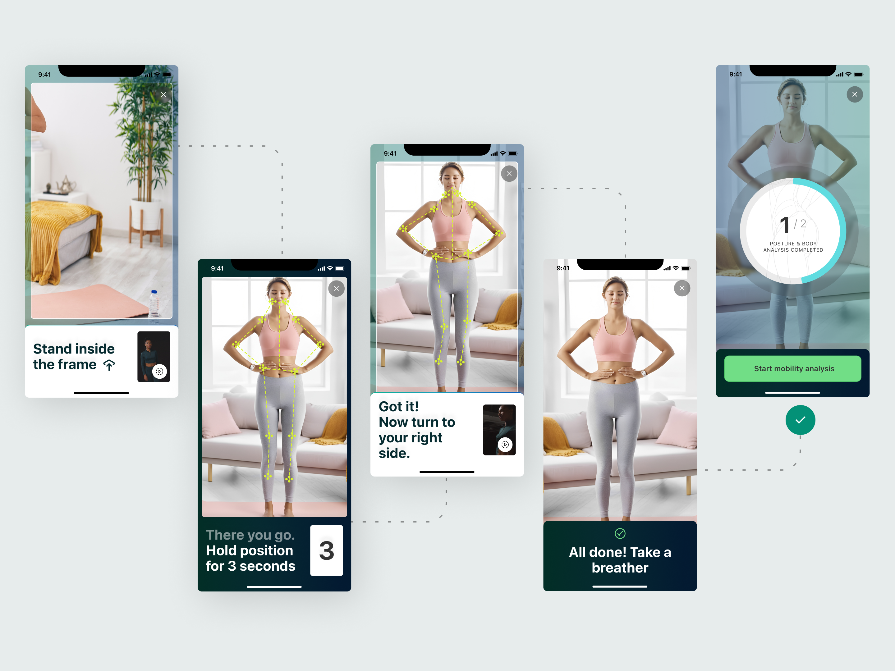 Ai driven Posture & Mobility analysis ai artificial intelligence clean ui damp proof flow health app onboarding posture analysis ui user experience
