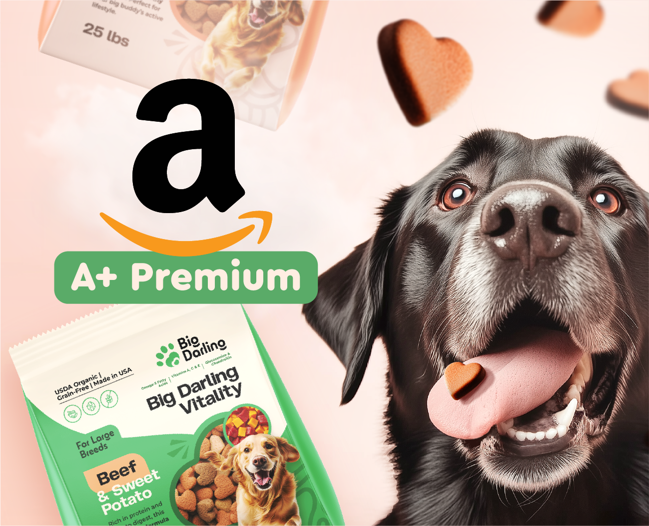 Amazon Listing & A+ Content Premium Design - Dry Food for Dogs a content a content premium amazon amazon design amazon ebc amazon listing big dog food dog dog food dry food graphic design green large breeds logo logo design orange color package packaging design salmon salmon food