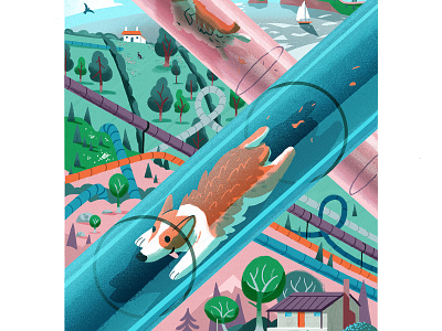 Dog Tube character corgi dog fun gerhard van wyk happy illustration landscape photoshop sliding tubes