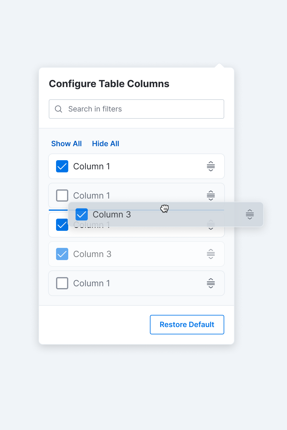 Configure table columns (Advanced configuration) advanced feature checkbox configuration configure table drag drop showhide column table column table header