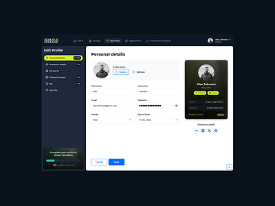 Athlete Dashboard dark dashboard details edit profile personal platform product design profile recruiting saas scouting sport sports ui