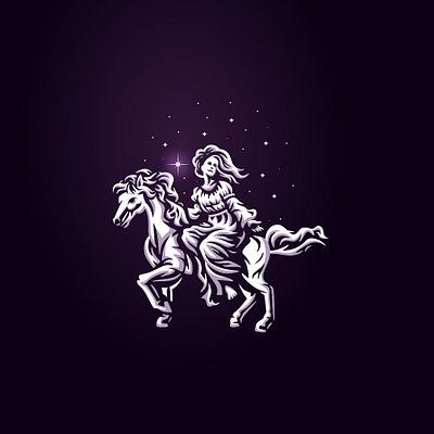 Graceful Woman Riding Horse In A Blessed Night Logo animation branding design girl graphic design horse illustration logo logo for sale moon night stars vector
