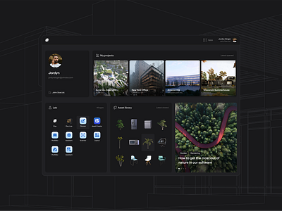 Architect Dashboard 3d app architecture asset manager creative dark darkmode dashboard home library overview tools ui workflow