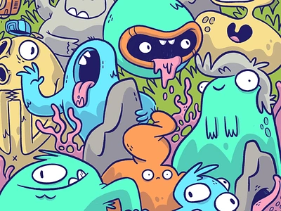 A bunch of monsters. blake stevenson cartoon character design concept art creature cute design illustration jetpacks and rollerskates logo monster retro ui video game