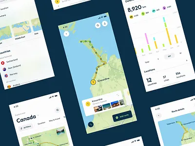 Travel App Explorations analytics animation app bottom bar card concept map mobile navigation route screen travel