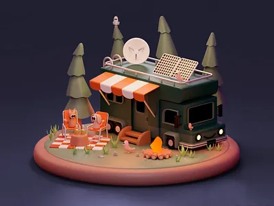 Cozy Camper Getaway - 3D Design 3d 3d bus 3d design 3d model 3d render adventure blue camp campfire cozy creative forest forest scene futuristic design graphic design mini bus night night talk rv camping twilight sky.