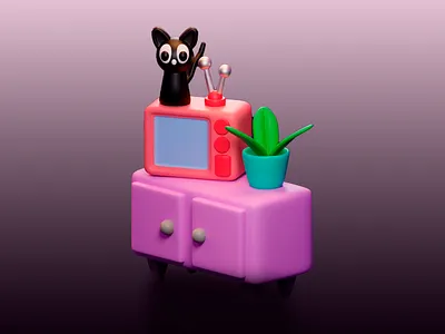 Retro Kitty Viewing - 3D Model 3d 3d art 3d art work 3d illustration 3d model 3d visual abstract cartoonish cat cat and television design gradient plant playful retro retro tv shelf television vintage whimsical