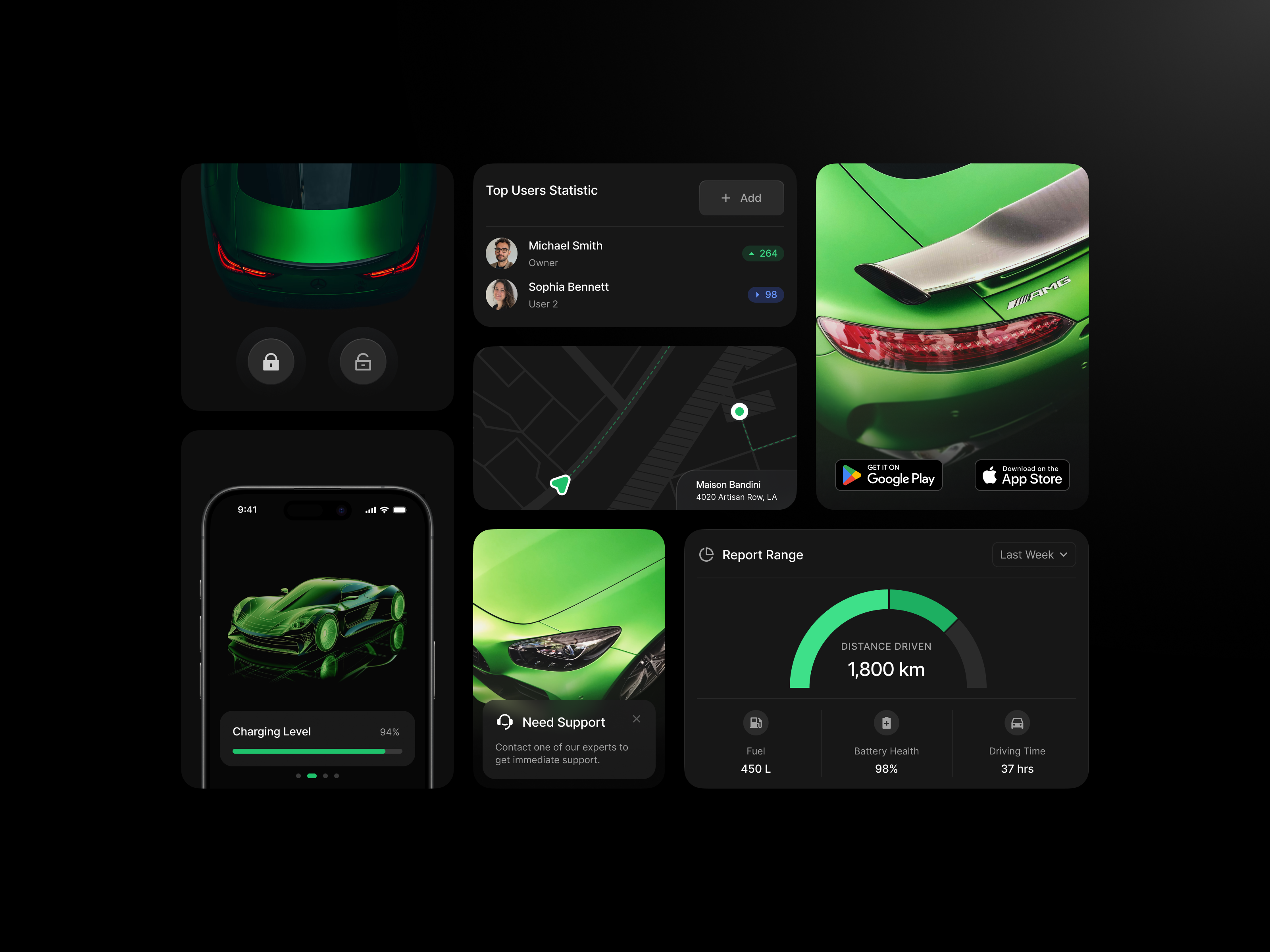 Car App Experiment Concept UI Design in Bento style 2025 app bento carapp clean ui crazydesign dailyui dark mode dashboard design system green ios ui