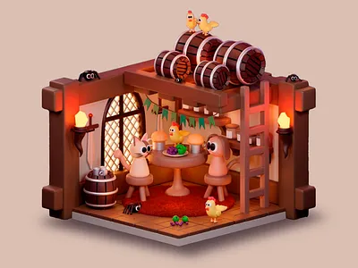 The Cozy Critter Tavern 3d 3d art 3d art work 3d design 3d fantasy decor abstract art animal gathering branding cat chickens cozy cozy interior creative gathering graphic design lights warm warm colors warm design wooden room