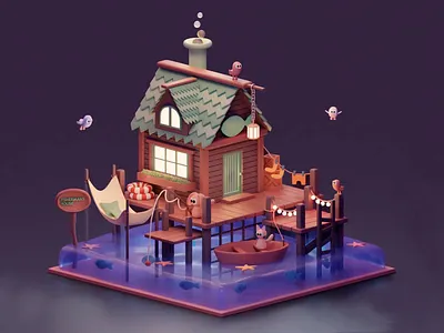 Cozy Water's Edge Cottage 3d 3d art 3d art work 3d design 3d modeling 3d visual birds cartoon animals cartoonish cozy cozy vibes flying birds graphic design house illustration lake house lights night scene wooden house