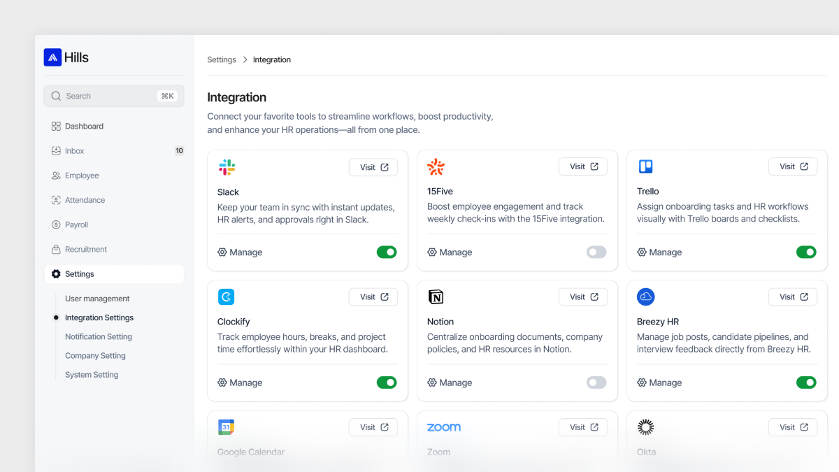 Hills - Tools Integration dashboard integration ui ux design webapp