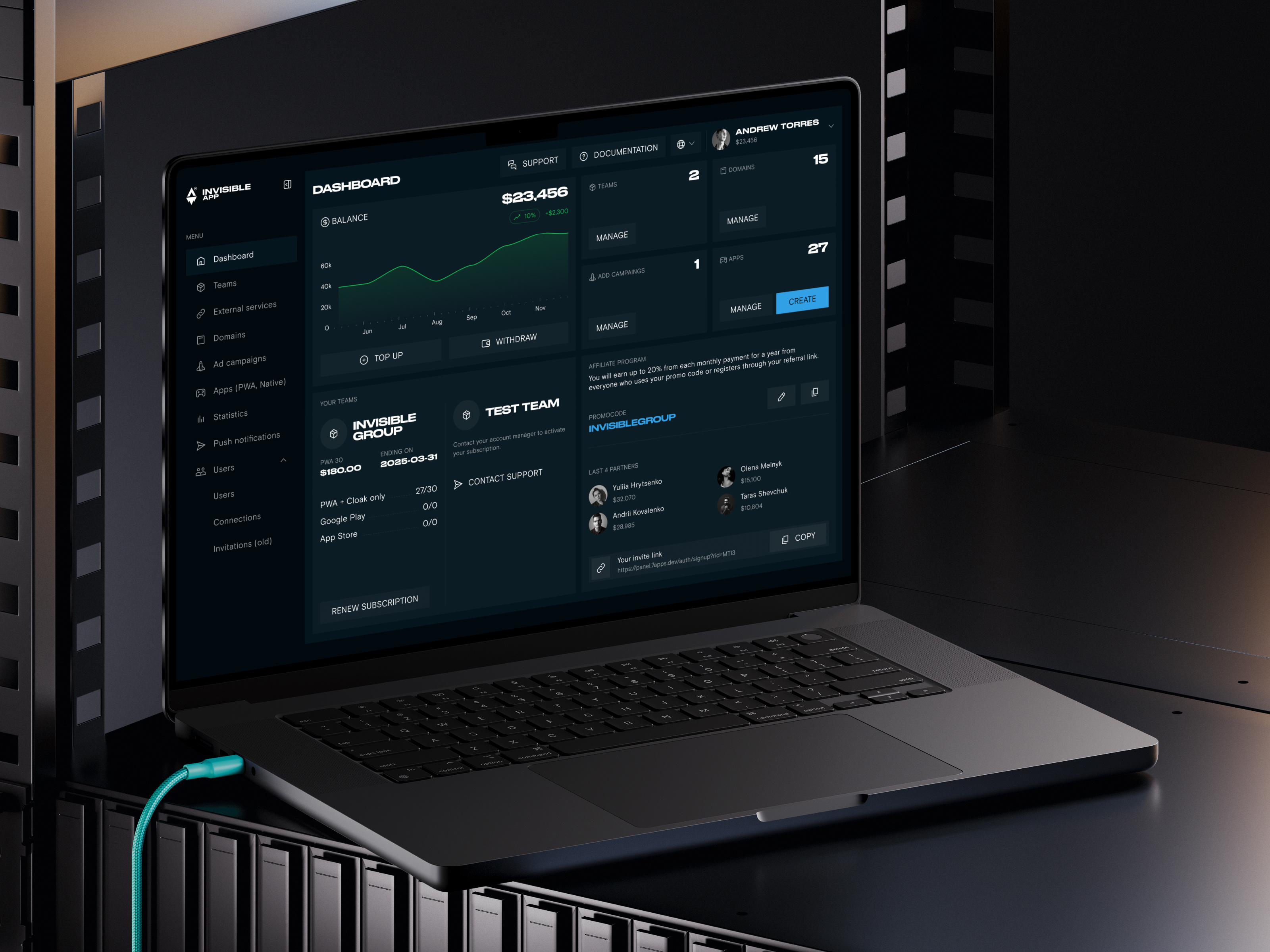 Interface SaaS dashboard - Invisible App admin panel affiliate marketing app management chart dark mode dashboard data visualisation interface line chart product design redesign saas sidebar ui web app