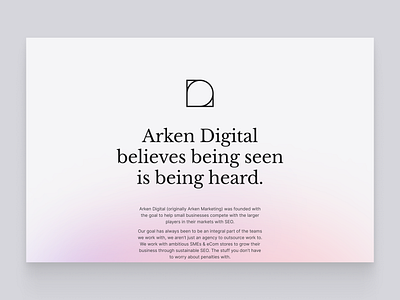 Arken.digital About Hero agency branding design desktop gradient logo minimal seo startup typography ui ux website