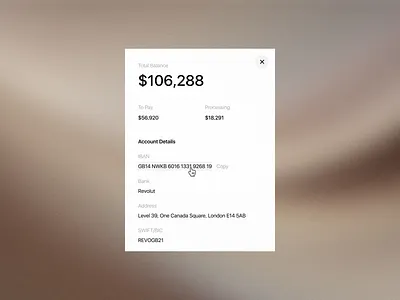 Bank Account Details account details app balance bank clean copy hover minimal pending platform qr code ui web