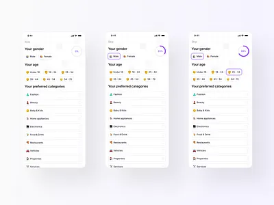 Mobile App - Onboarding Flow categories e commerce mobile app onboarding onboarding flow products progress bar user experience